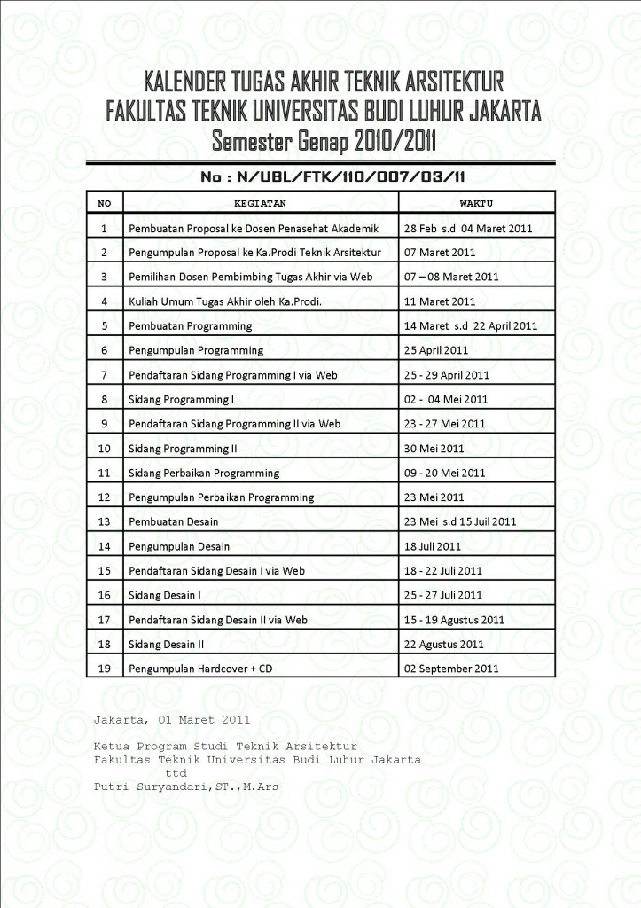 Kalender Tugas Akhir Teknik Arsitektur Semester Genap 2010-2011