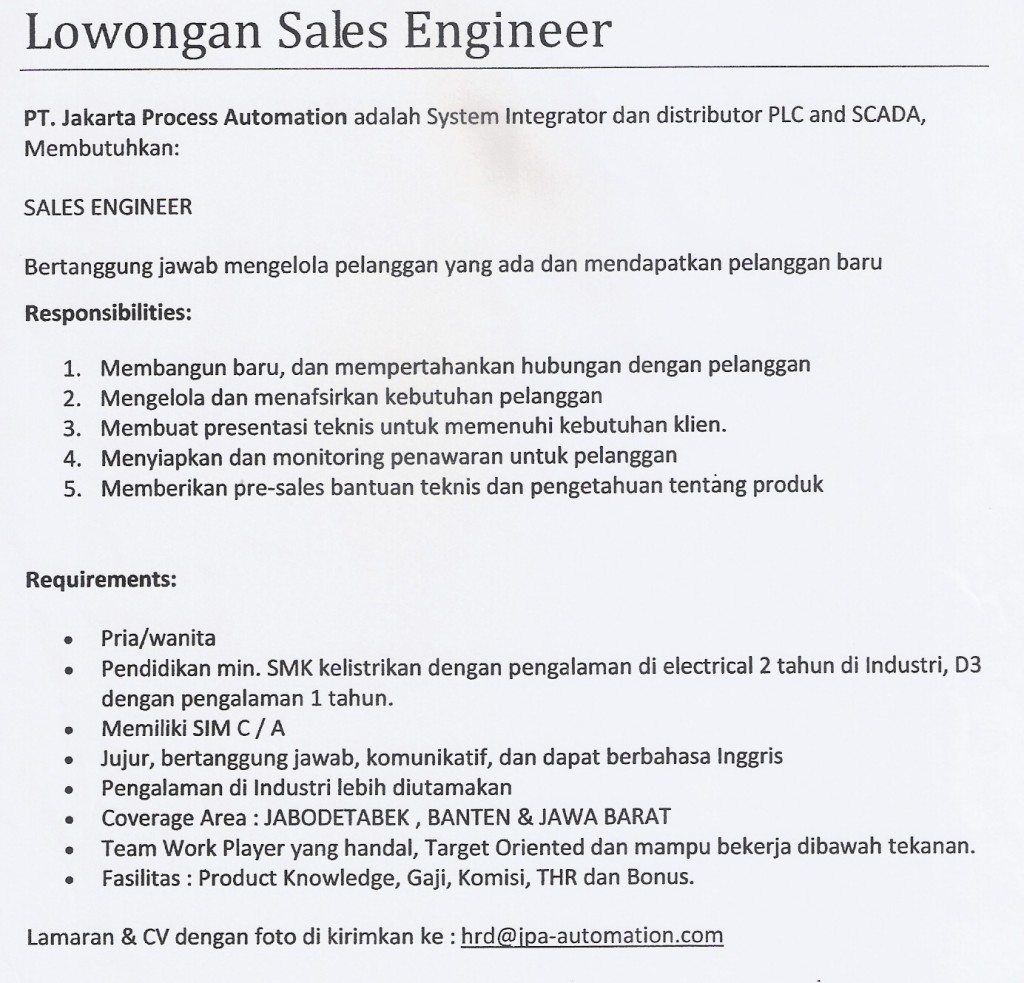 Loker Sales Engineer PT.JPA